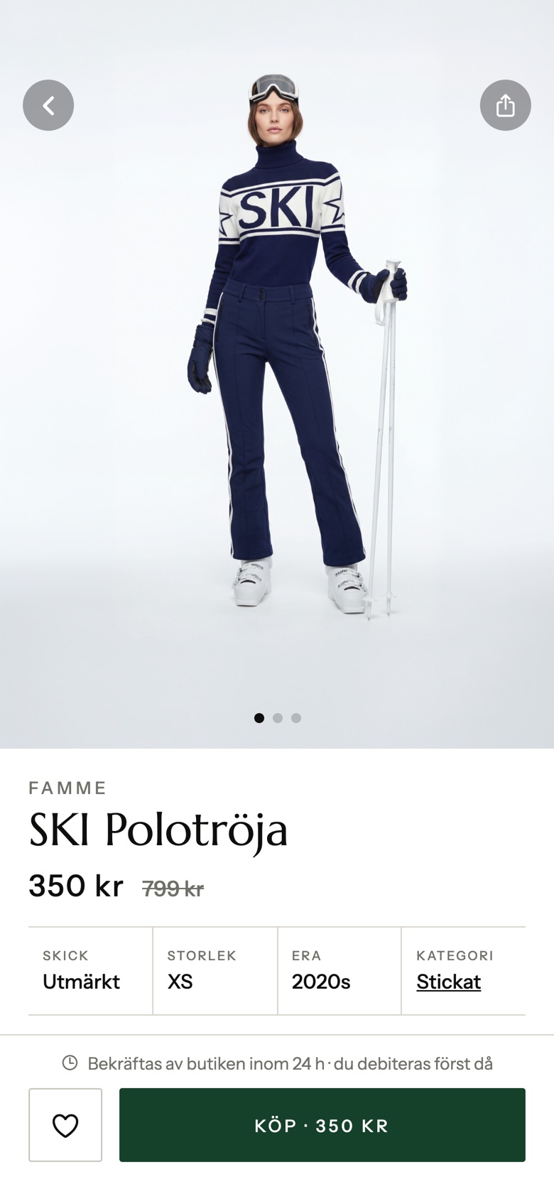 En produktsida i Fynds: plagget på modell, skick, storlek och butikens egna bilder